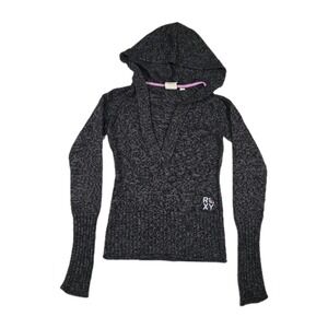 Roxy Y2K Juniors Women's Size Small Gray V Neck Knit Hoodie Sweater